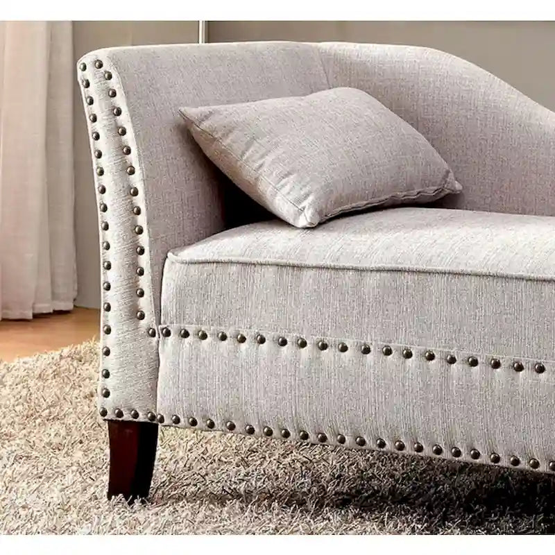 Classic Upholstered Beige Linen Chaise Lounge with Nailhead Accent Wood Legs