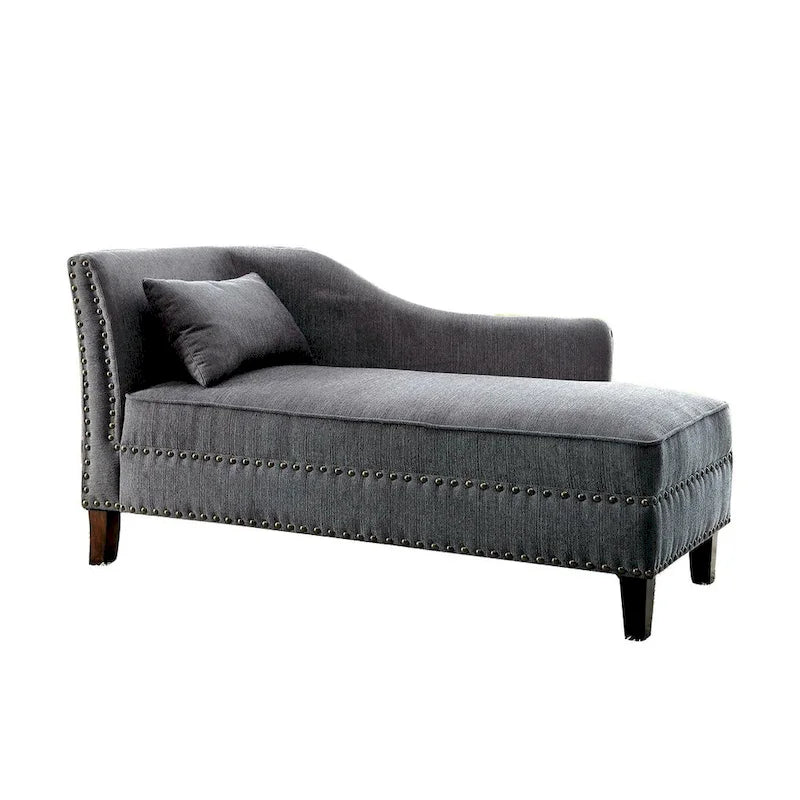 Classic Upholstered Beige Linen Chaise Lounge with Nailhead Accent Wood Legs