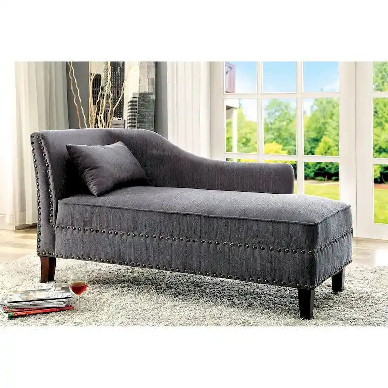Classic Upholstered Beige Linen Chaise Lounge with Nailhead Accent Wood Legs