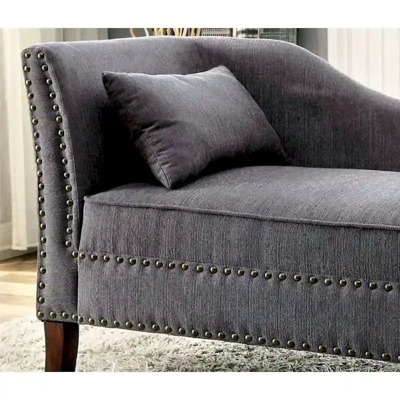 Classic Upholstered Beige Linen Chaise Lounge with Nailhead Accent Wood Legs