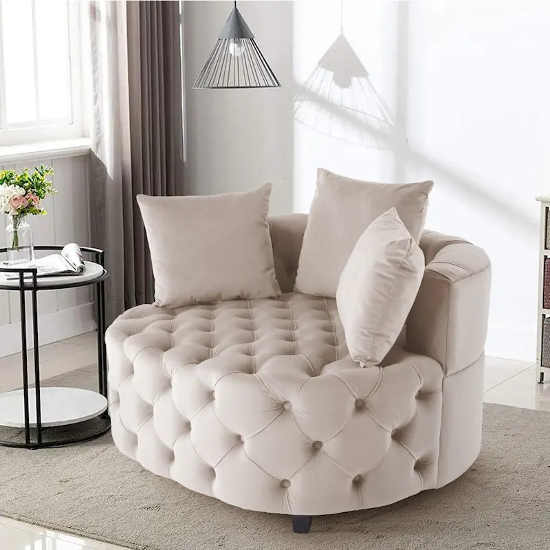 Tufted Round Velvet Accent Chair with Solid Wood Legs Multi-Color