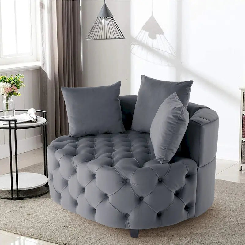 Tufted Round Velvet Accent Chair with Solid Wood Legs Multi-Color