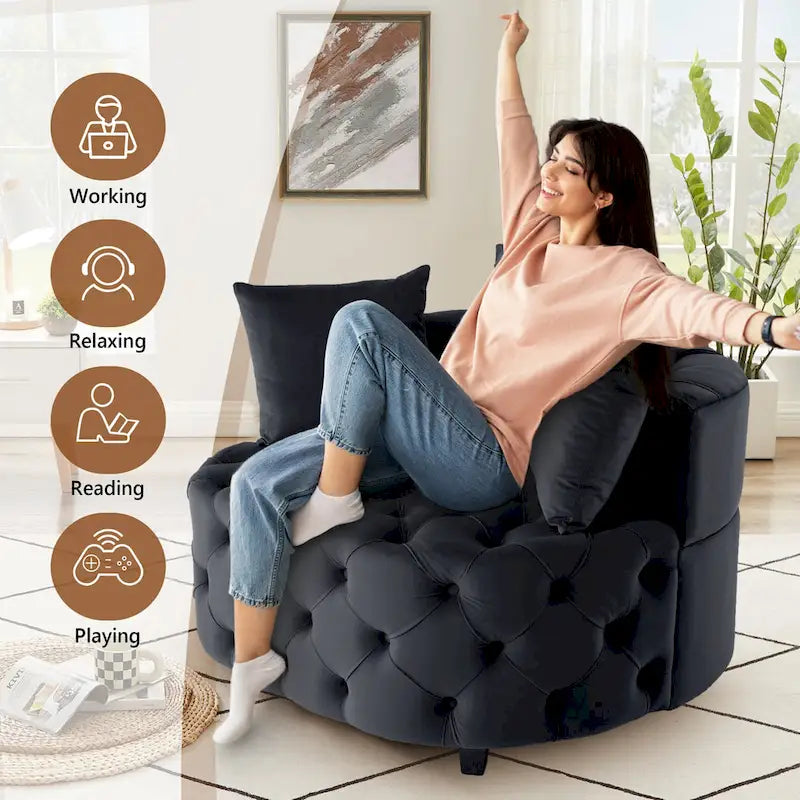 Tufted Round Velvet Accent Chair with Solid Wood Legs Multi-Color
