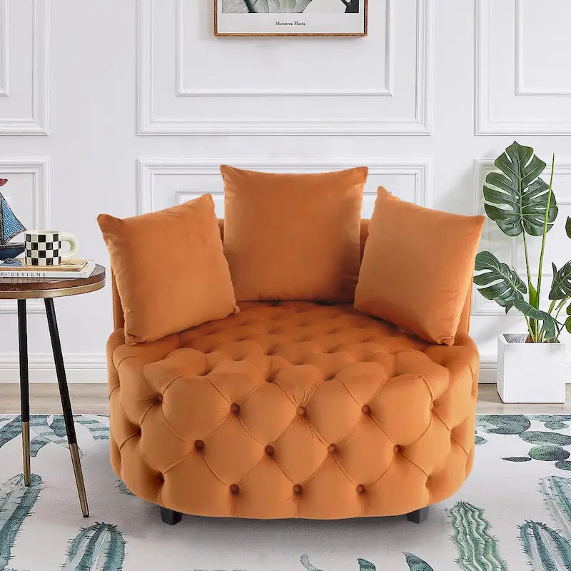 Tufted Round Velvet Accent Chair with Solid Wood Legs Multi-Color