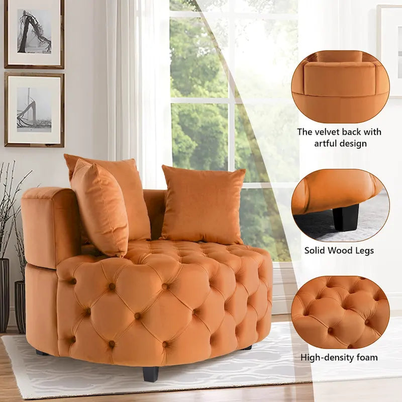 Tufted Round Velvet Accent Chair with Solid Wood Legs Multi-Color