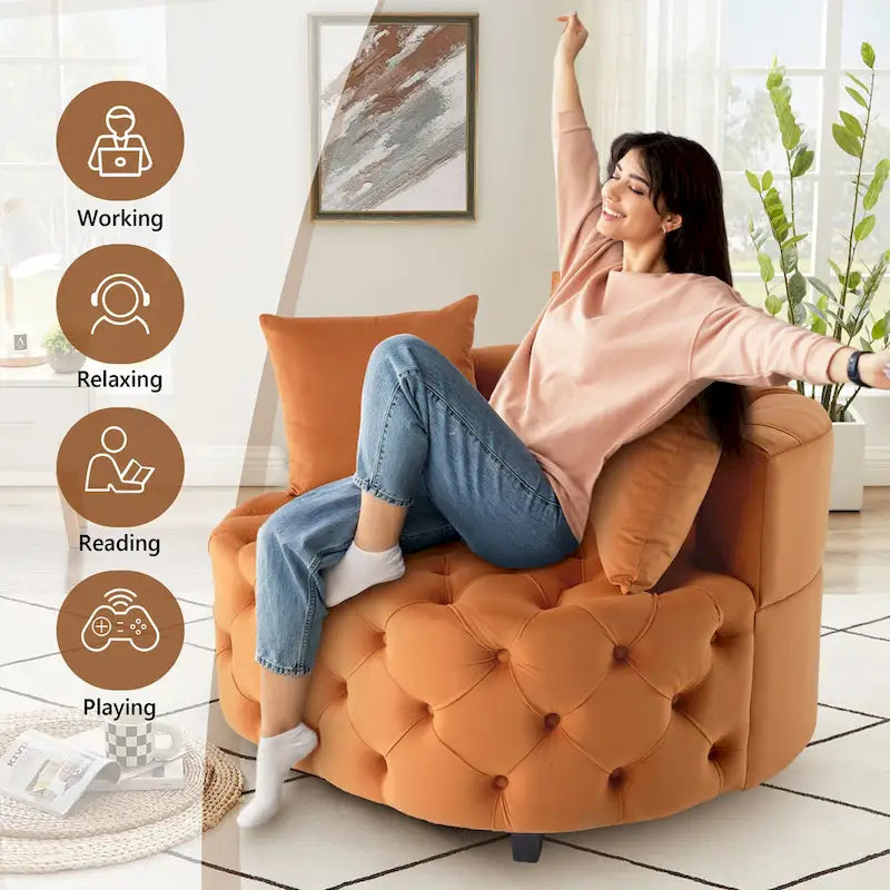Tufted Round Velvet Accent Chair with Solid Wood Legs Multi-Color
