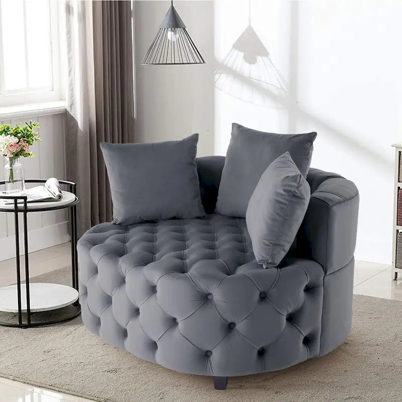 Tufted Round Velvet Accent Chair with Solid Wood Legs Multi-Color