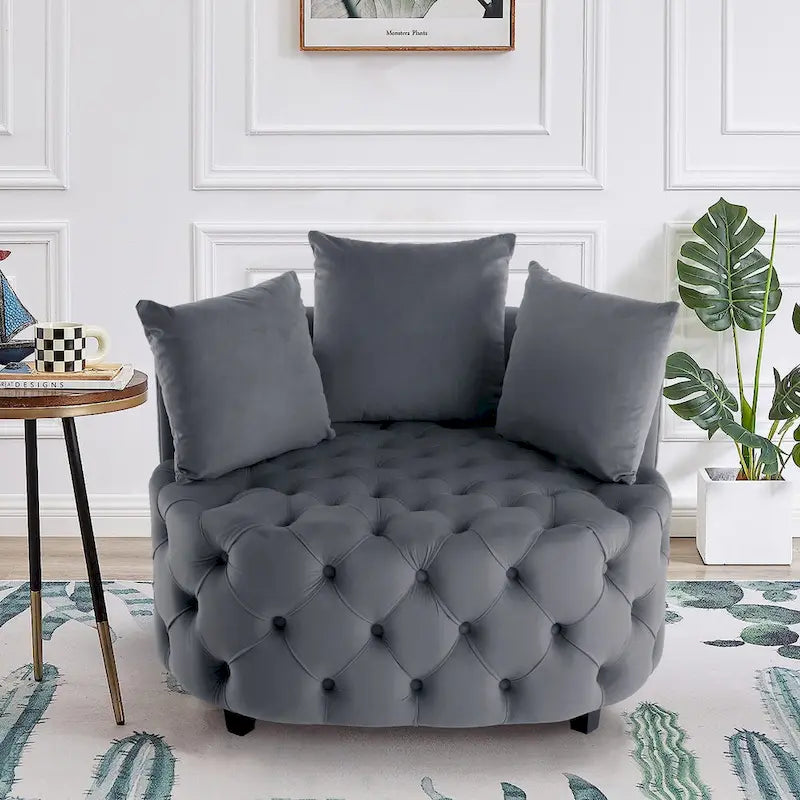 Tufted Round Velvet Accent Chair with Solid Wood Legs Multi-Color