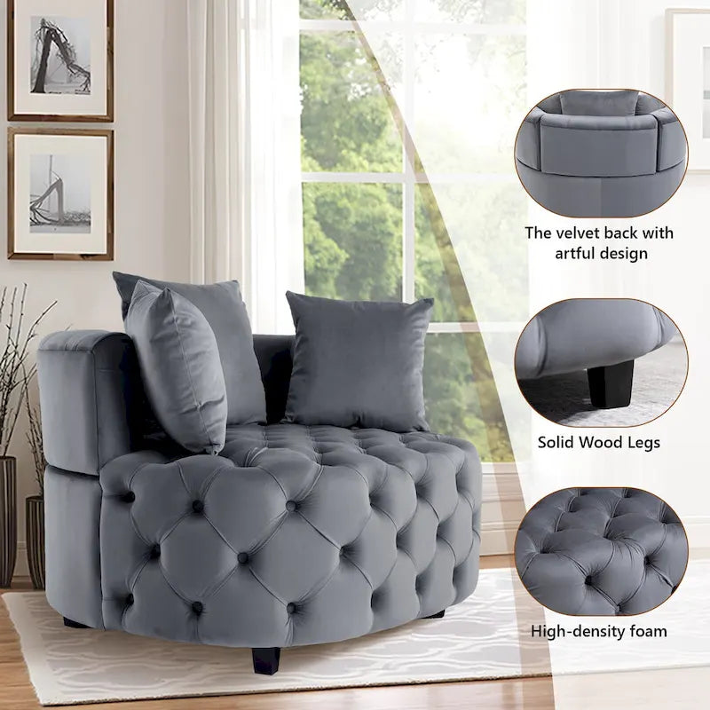 Tufted Round Velvet Accent Chair with Solid Wood Legs Multi-Color