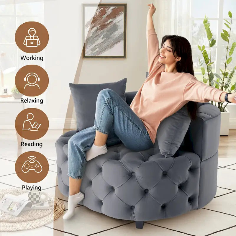 Tufted Round Velvet Accent Chair with Solid Wood Legs Multi-Color