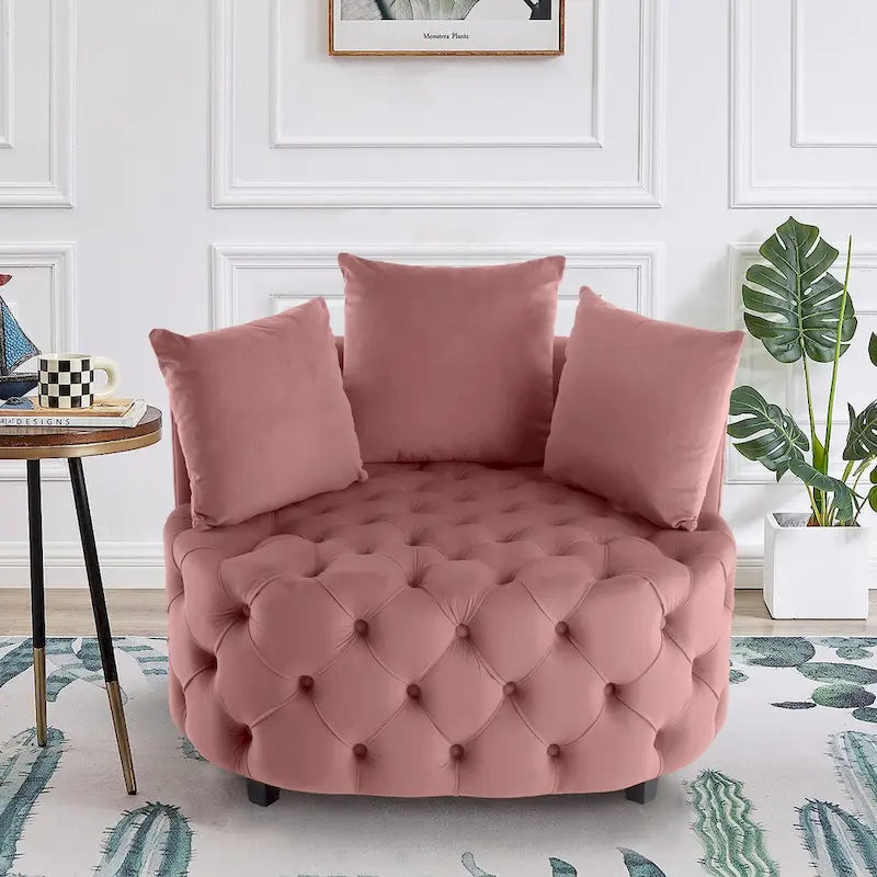 Tufted Round Velvet Accent Chair with Solid Wood Legs Multi-Color