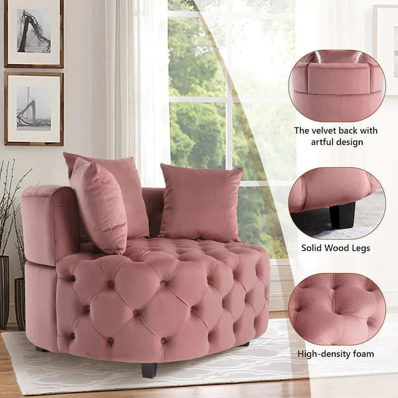 Tufted Round Velvet Accent Chair with Solid Wood Legs Multi-Color