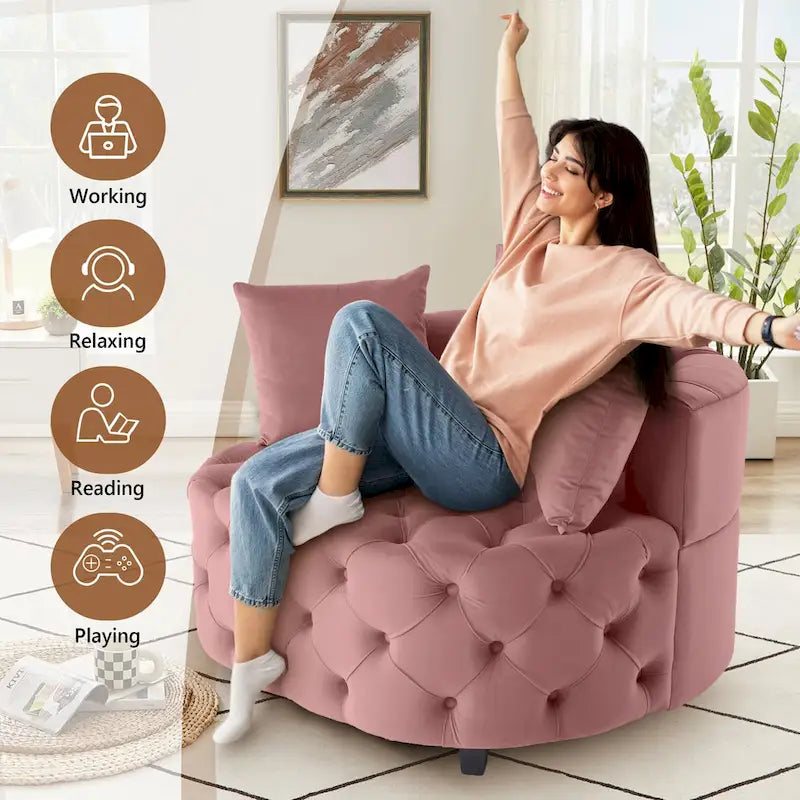 Tufted Round Velvet Accent Chair with Solid Wood Legs Multi-Color