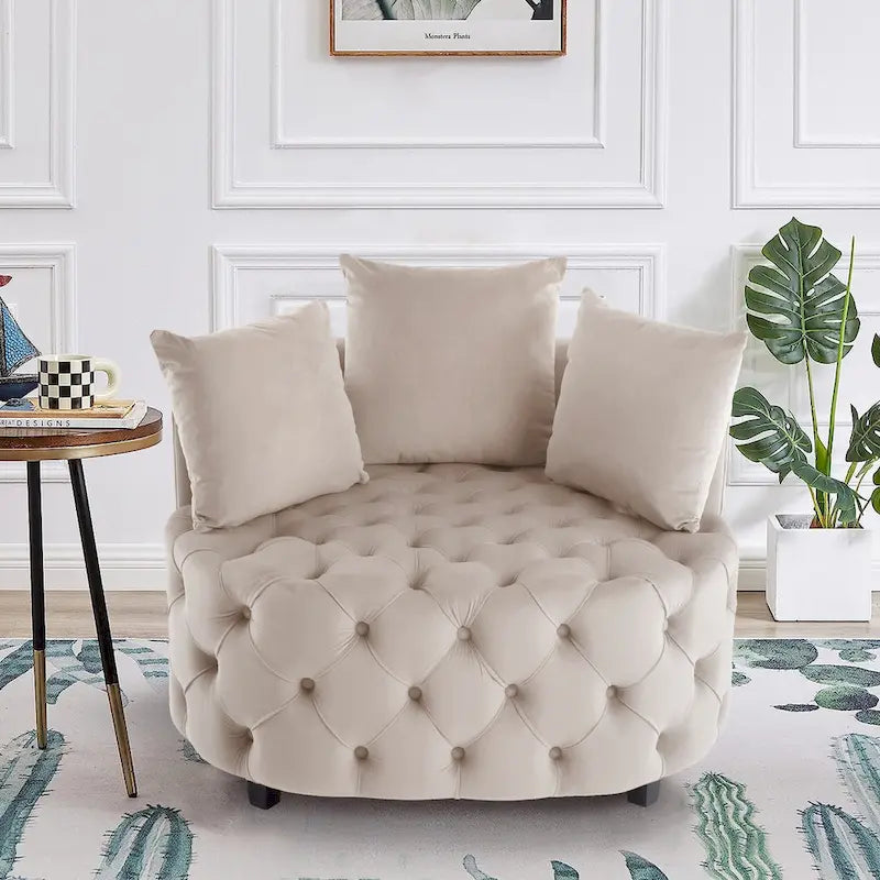 Tufted Round Velvet Accent Chair with Solid Wood Legs Multi-Color