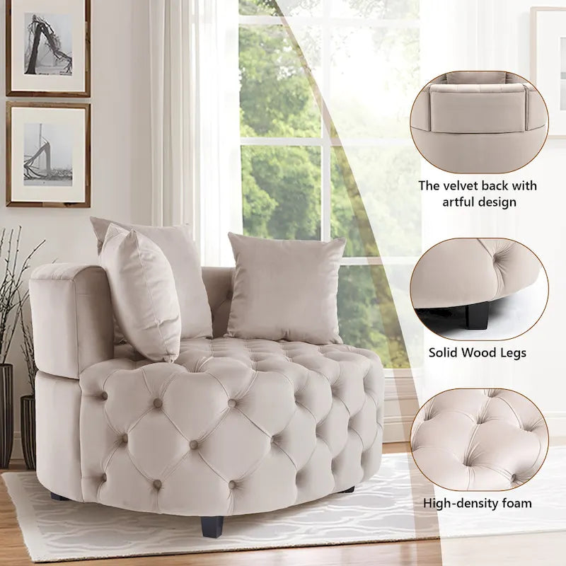 Tufted Round Velvet Accent Chair with Solid Wood Legs Multi-Color