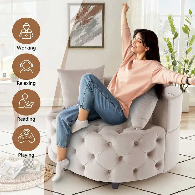 Tufted Round Velvet Accent Chair with Solid Wood Legs Multi-Color