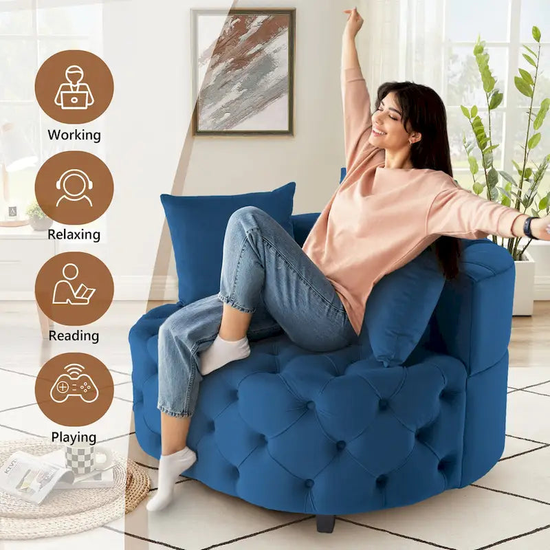 Tufted Round Velvet Accent Chair with Solid Wood Legs Multi-Color