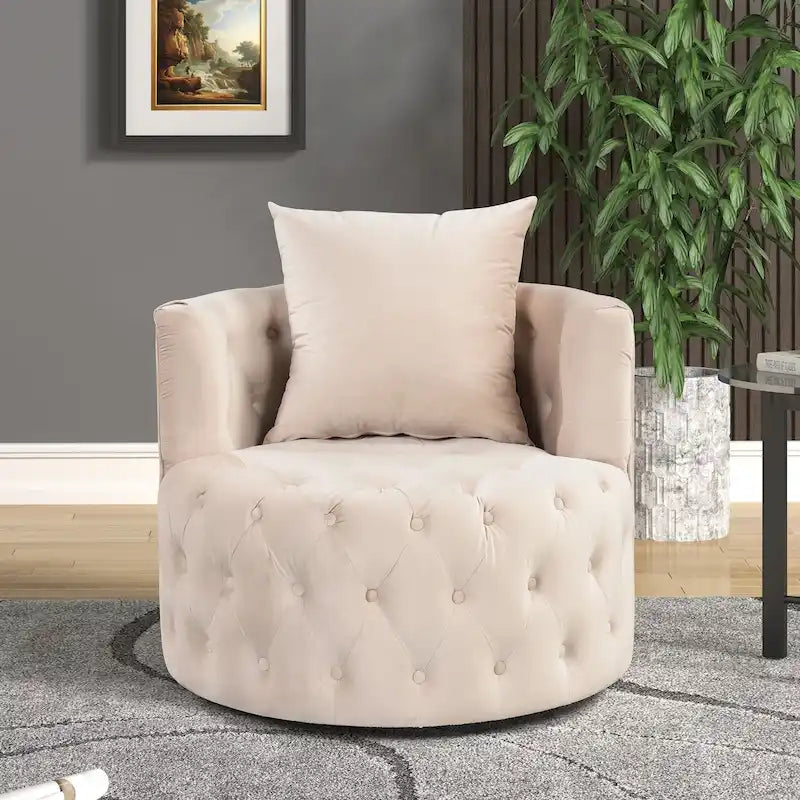 Velvet Swivel Barrel Accent Chair Tufted Round Upholstered Grey Beige