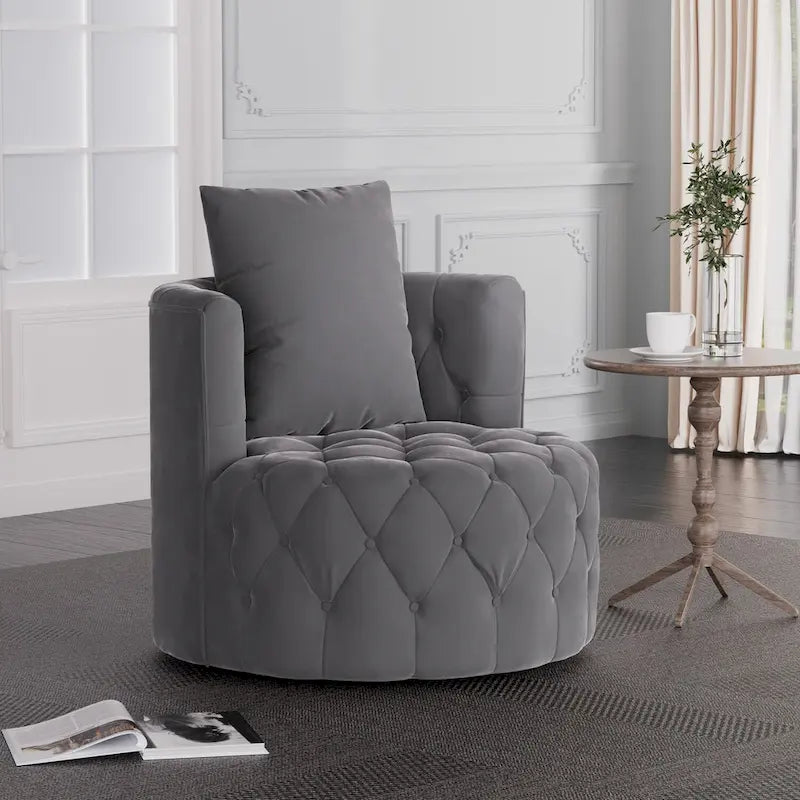 Velvet Swivel Barrel Accent Chair Tufted Round Upholstered Grey Beige
