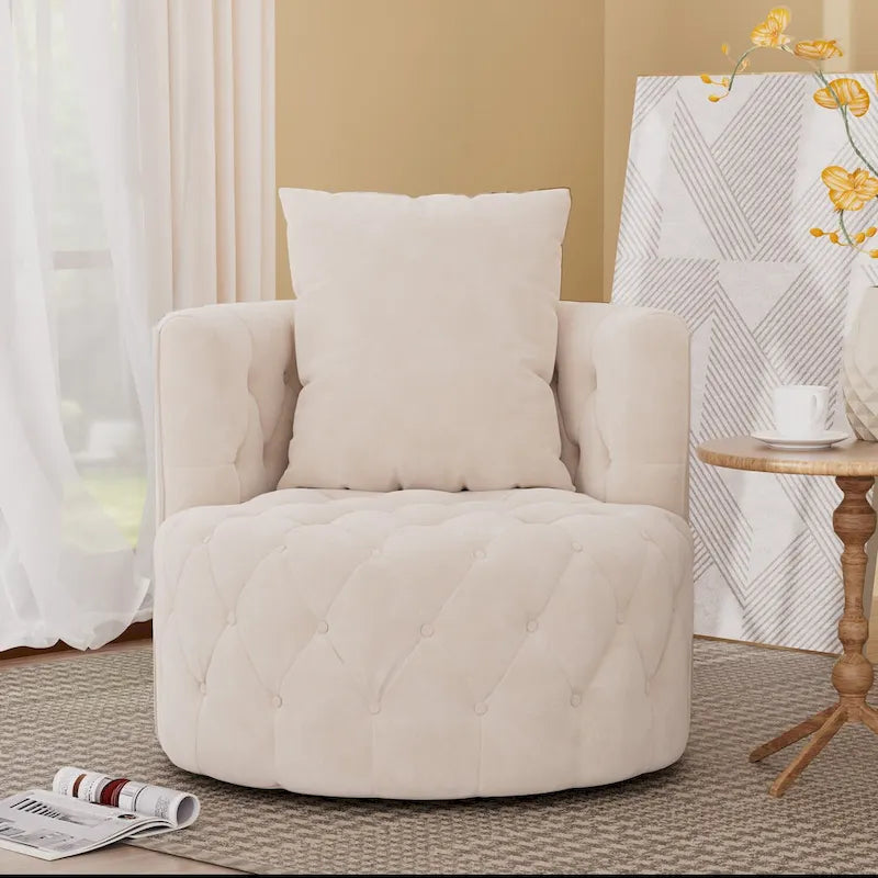 Velvet Swivel Barrel Accent Chair Tufted Round Upholstered Grey Beige