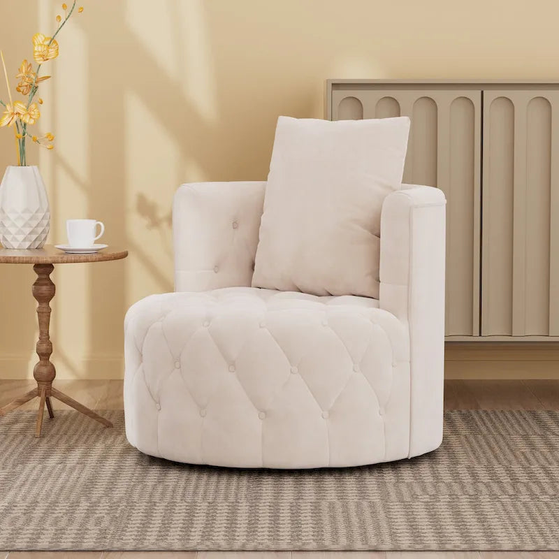 Velvet Swivel Barrel Accent Chair Tufted Round Upholstered Grey Beige