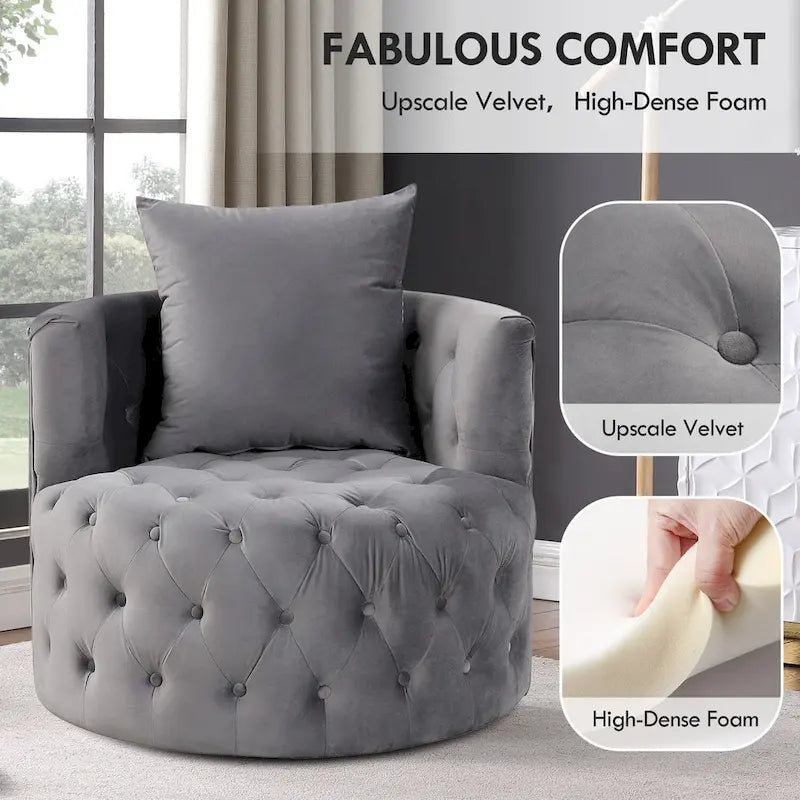 Velvet Swivel Barrel Accent Chair Tufted Round Upholstered Grey Beige
