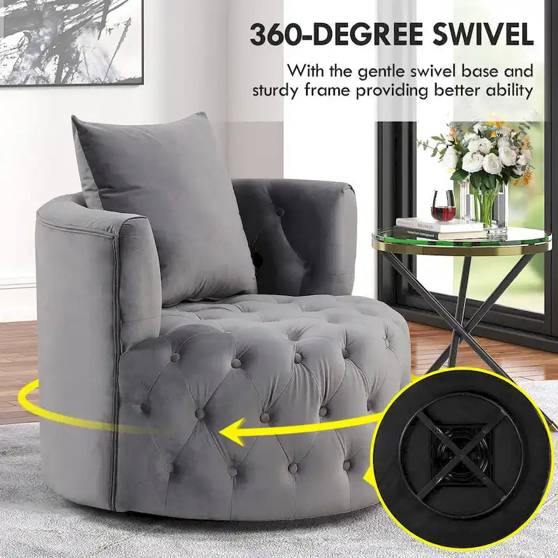 Velvet Swivel Barrel Accent Chair Tufted Round Upholstered Grey Beige