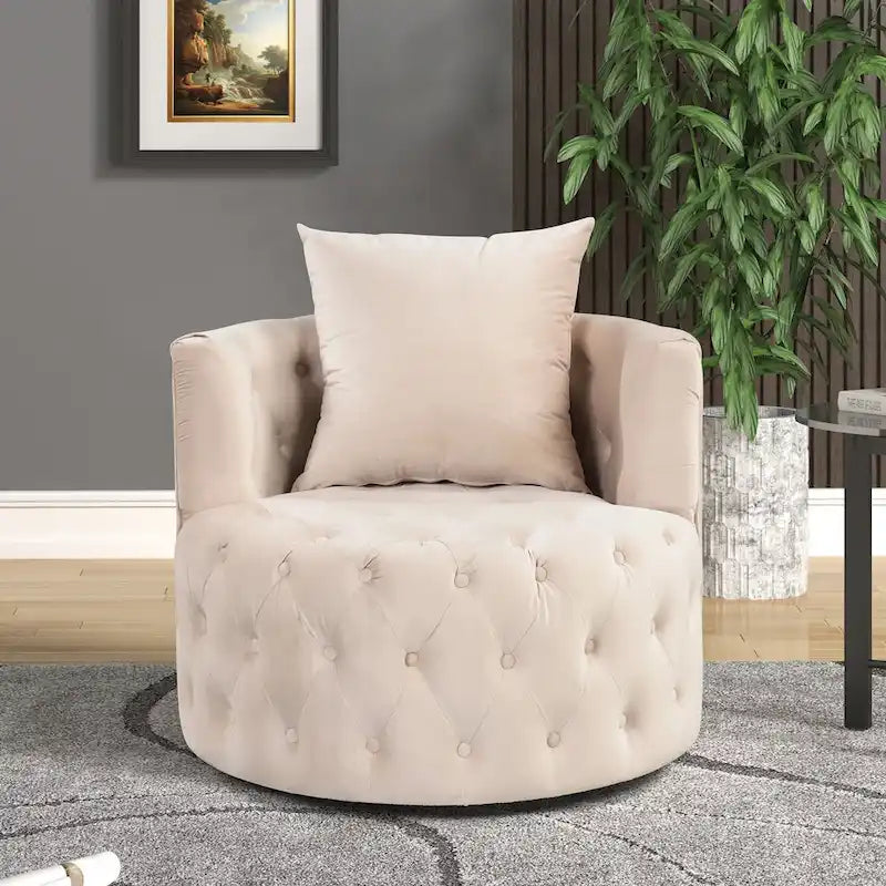 Velvet Swivel Barrel Accent Chair Tufted Round Upholstered Grey Beige