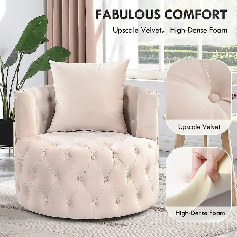 Velvet Swivel Barrel Accent Chair Tufted Round Upholstered Grey Beige
