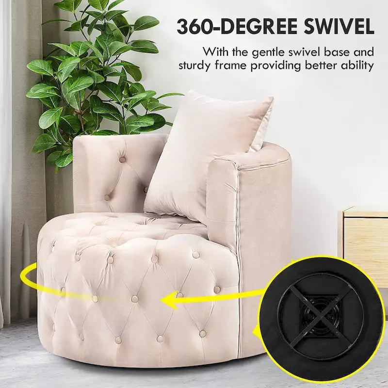 Velvet Swivel Barrel Accent Chair Tufted Round Upholstered Grey Beige
