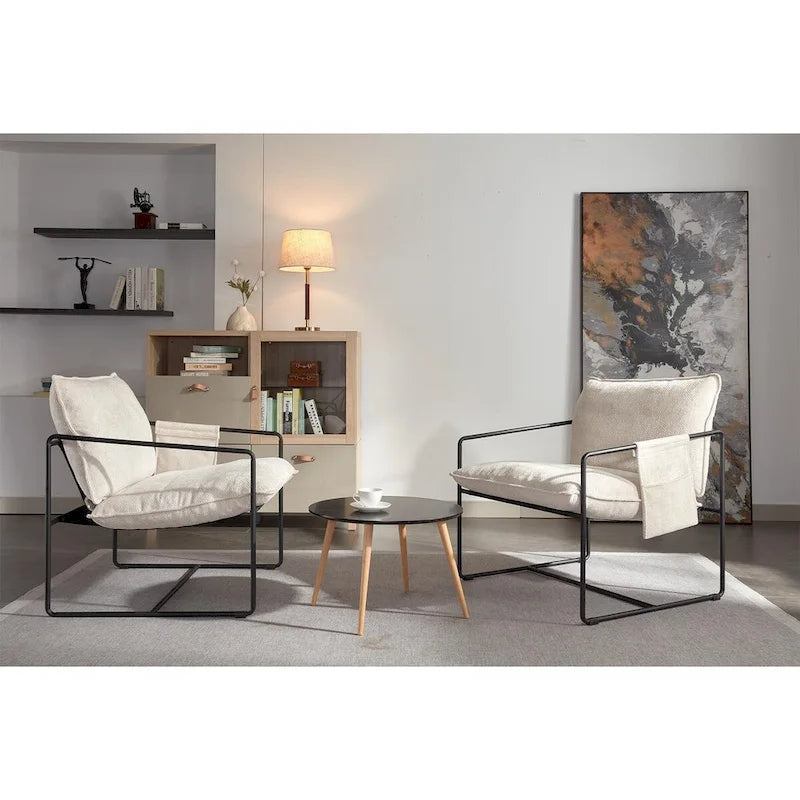 Modern Linen Sling Accent Lounge Chair with Steel Frame Armrest