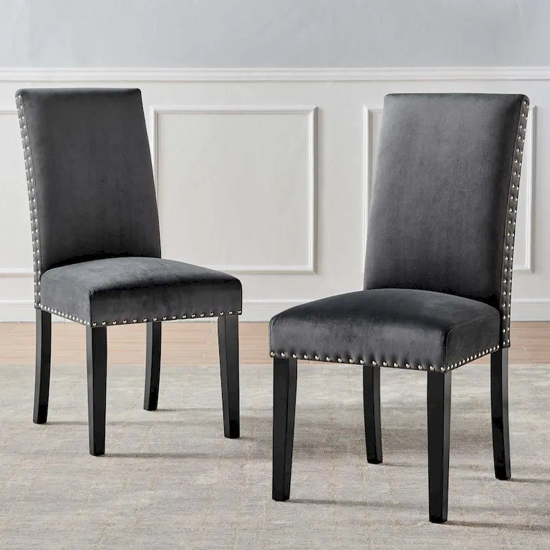 Velvet Nailhead Trim Upholstered Dining Side Chair with Rubberwood Legs