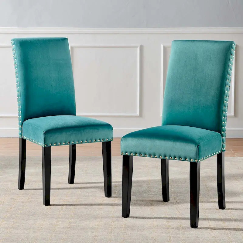 Velvet Nailhead Trim Upholstered Dining Side Chair with Rubberwood Legs