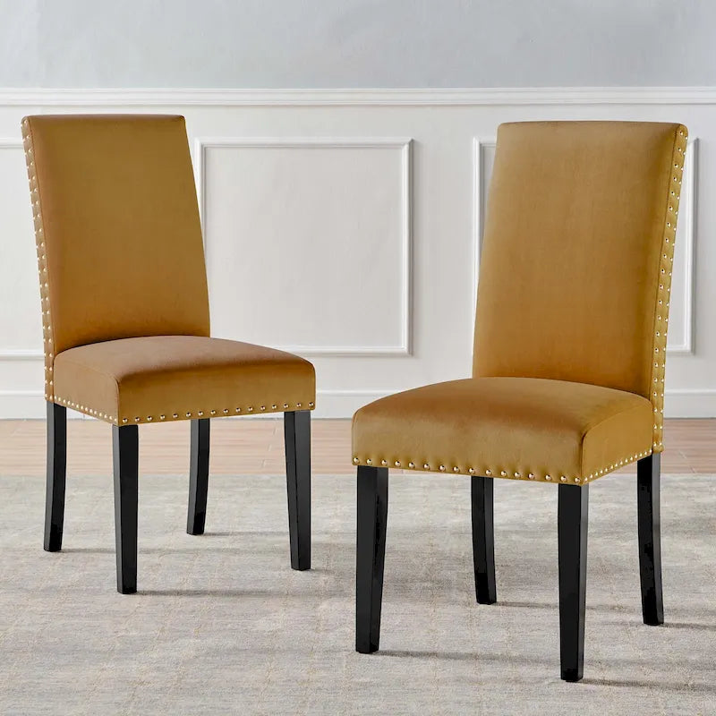 Velvet Nailhead Trim Upholstered Dining Side Chair with Rubberwood Legs
