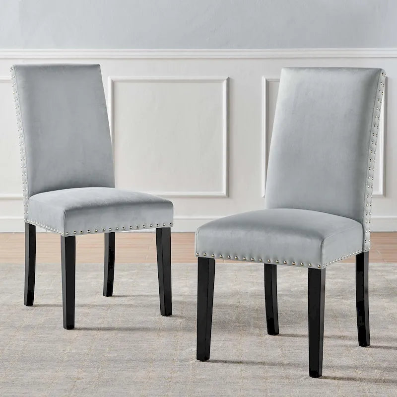 Velvet Nailhead Trim Upholstered Dining Side Chair with Rubberwood Legs