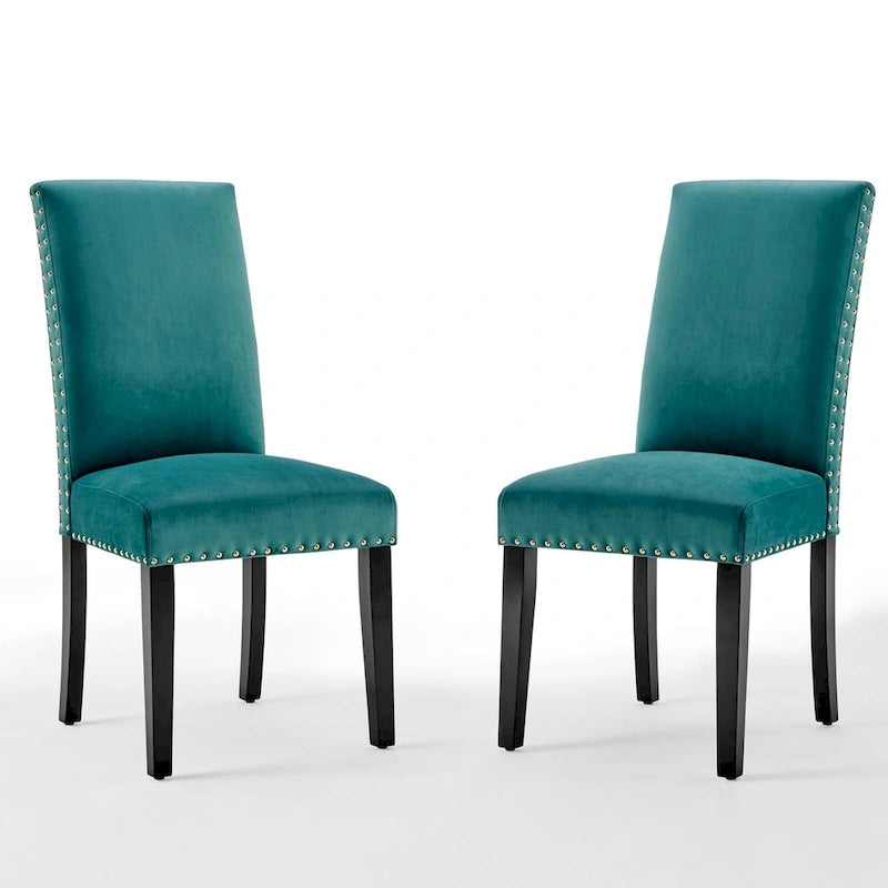 Velvet Nailhead Trim Upholstered Dining Side Chair with Rubberwood Legs