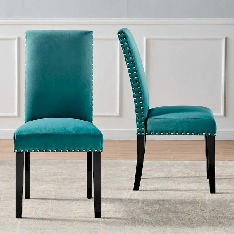 Velvet Nailhead Trim Upholstered Dining Side Chair with Rubberwood Legs