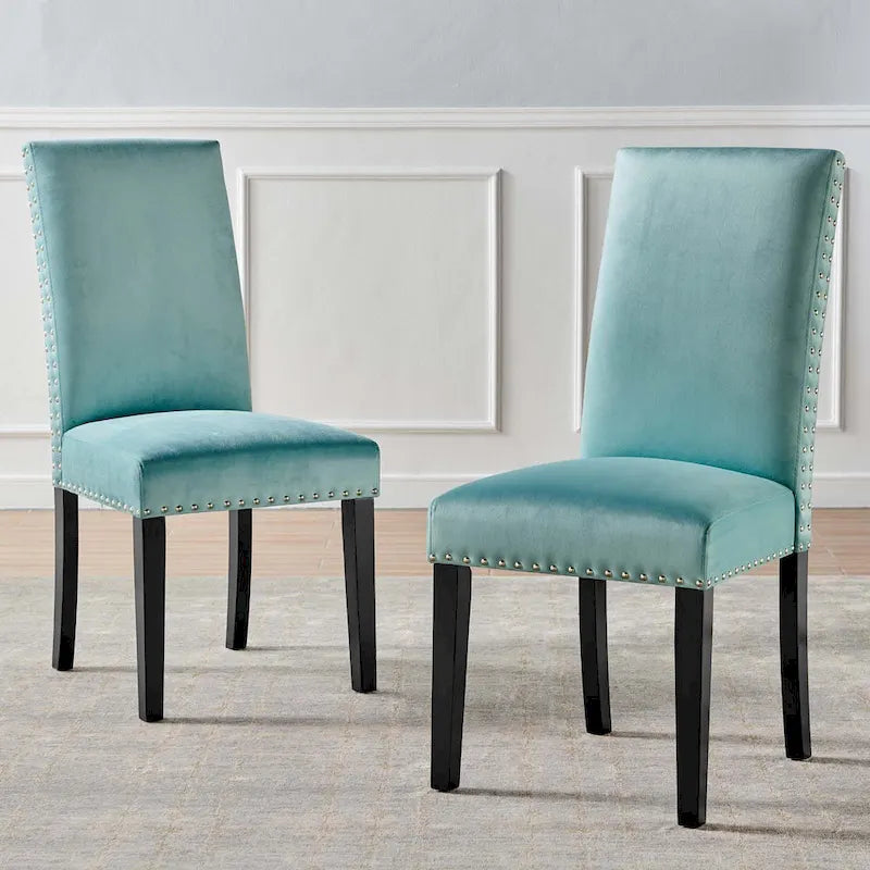 Velvet Nailhead Trim Upholstered Dining Side Chair with Rubberwood Legs