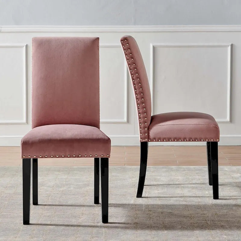 Velvet Nailhead Trim Upholstered Dining Side Chair with Rubberwood Legs