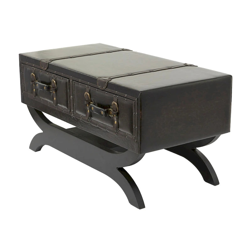 Dark Brown Faux Leather Vintage Coffee Table with Drawers Curved Legs