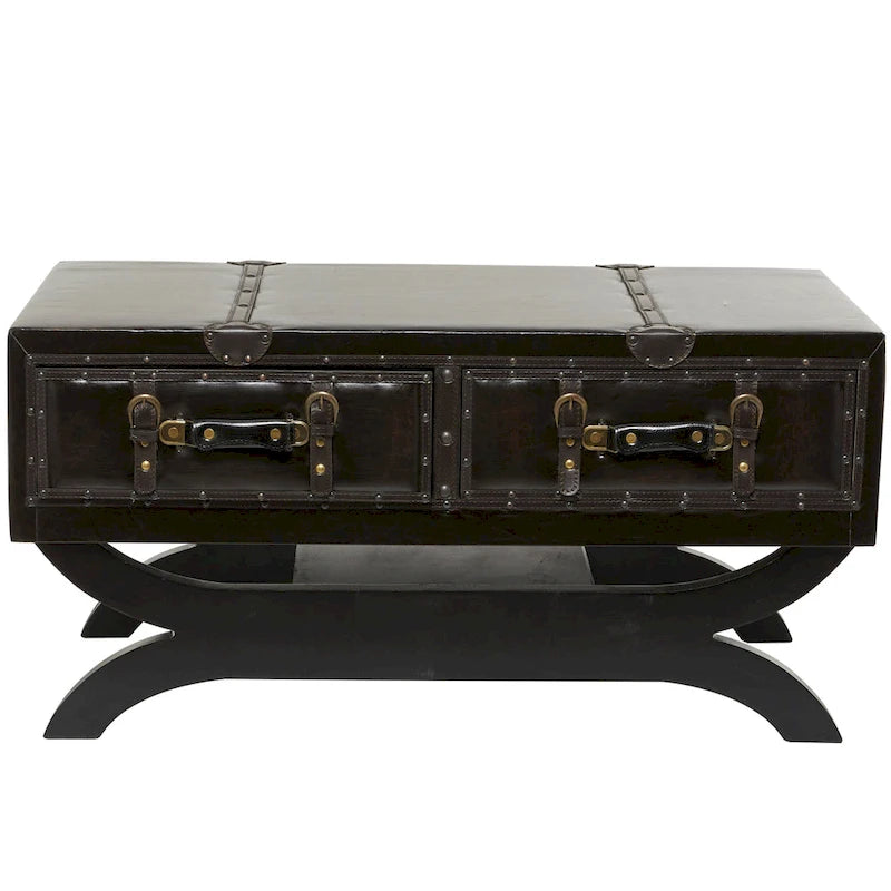 Dark Brown Faux Leather Vintage Coffee Table with Drawers Curved Legs