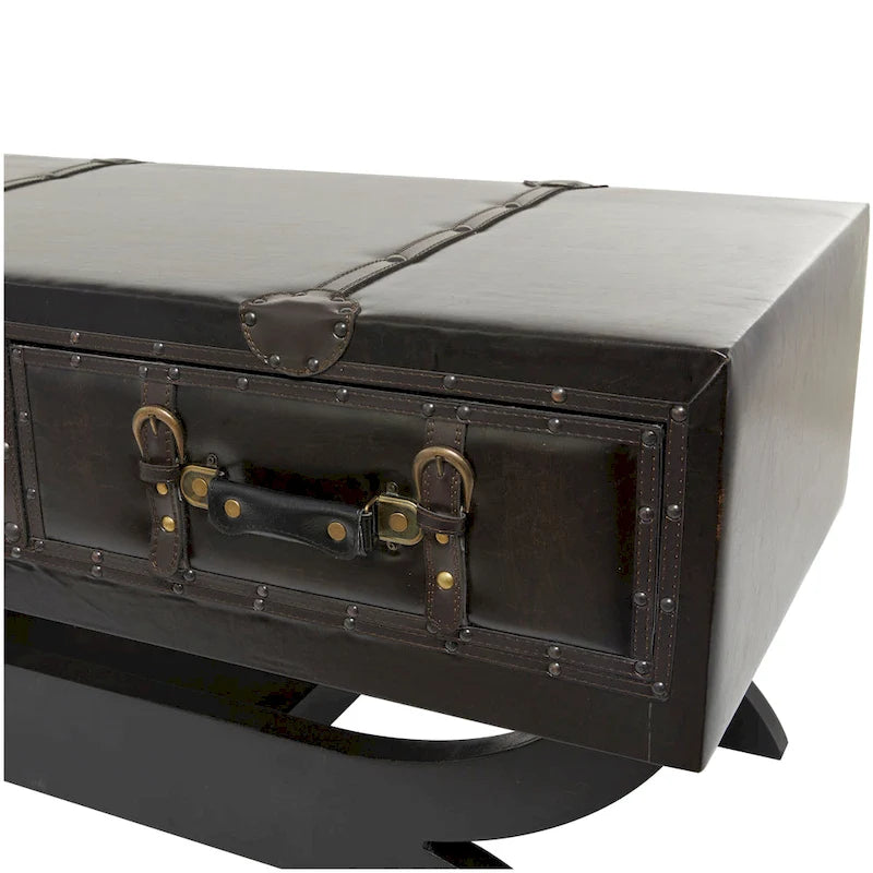 Dark Brown Faux Leather Vintage Coffee Table with Drawers Curved Legs