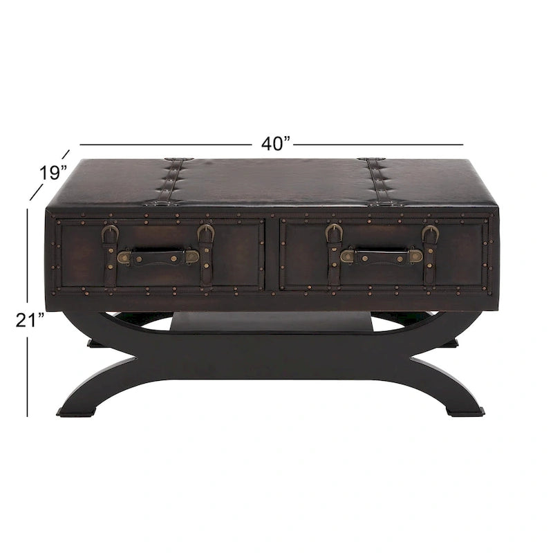 Dark Brown Faux Leather Vintage Coffee Table with Drawers Curved Legs