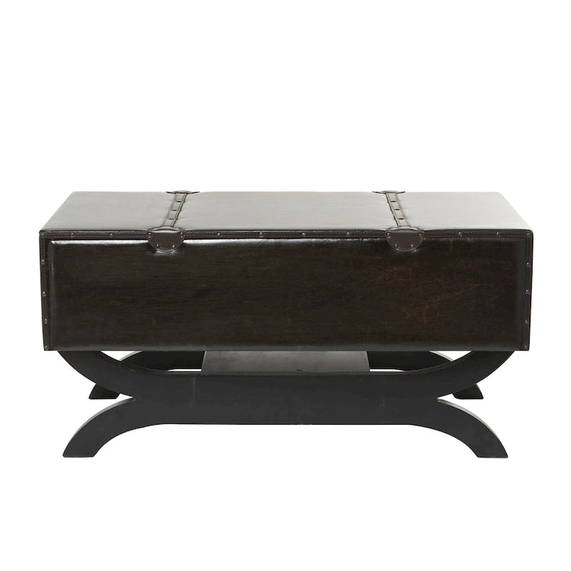 Dark Brown Faux Leather Vintage Coffee Table with Drawers Curved Legs
