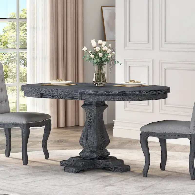 Round Expandable Rustic Wood Pedestal Dining Table Grey Natural Finish
