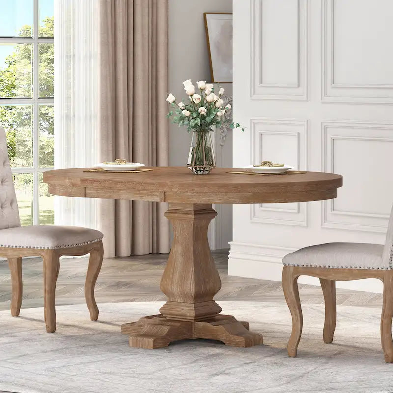Round Expandable Rustic Wood Pedestal Dining Table Grey Natural Finish