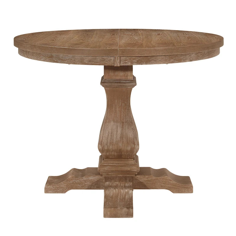 Round Expandable Rustic Wood Pedestal Dining Table Grey Natural Finish
