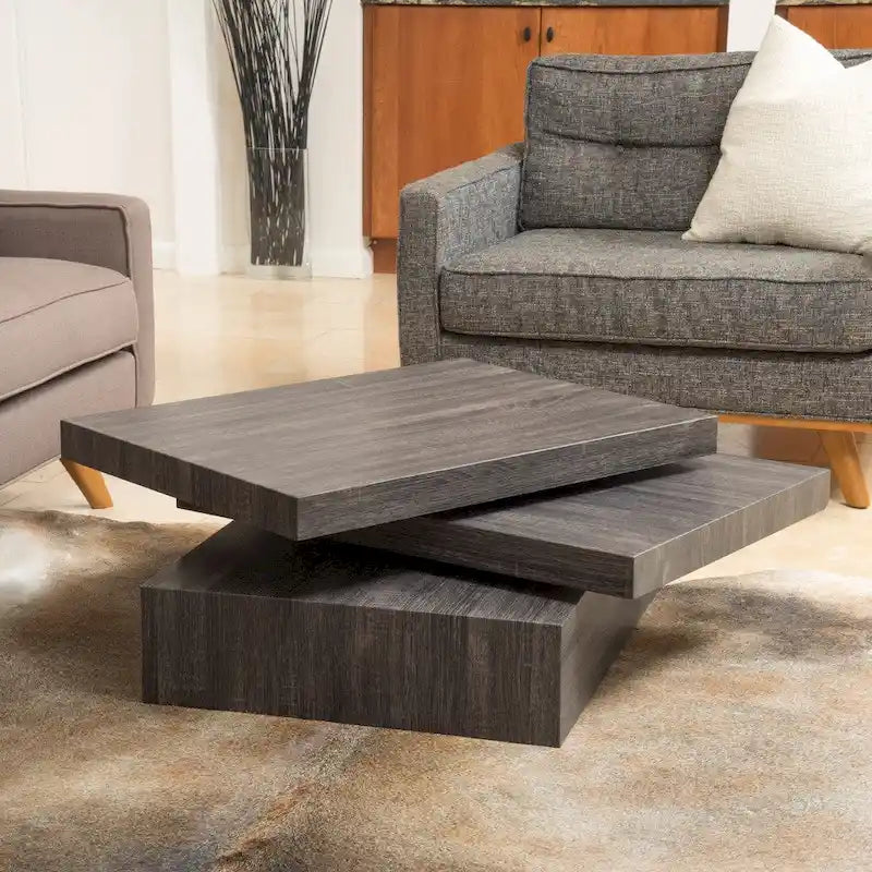 Rotating Three-Tier Black Oak Wood Coffee Table