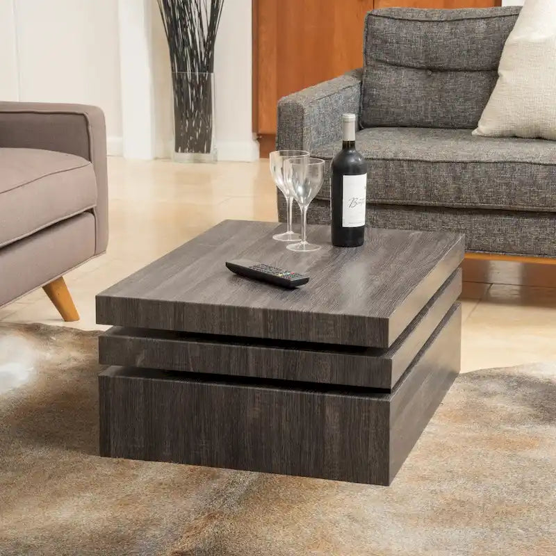 Rotating Three-Tier Black Oak Wood Coffee Table