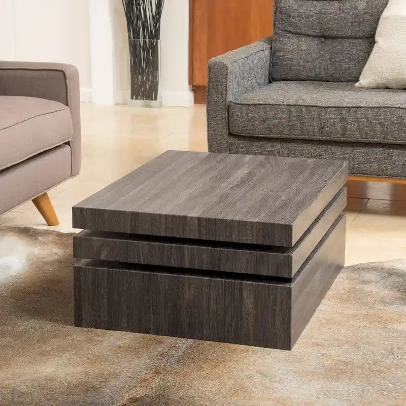 Rotating Three-Tier Black Oak Wood Coffee Table